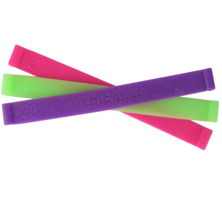 purple, green, and pink silicone medical id bands in packs of three with sparkle and glow in the dark design