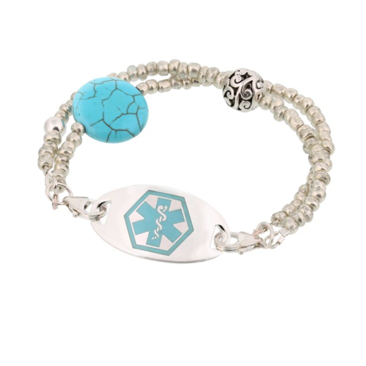 two strand, turquoise stone, antiqued silver beads medical id bracelet, handmade, with sterling silver or stainless steel id plate 