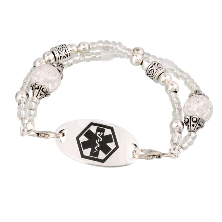 vintage style medical id bracelet for women made with czech glass and silver tone accent beads, two strand beaded bracelet, sterling silver or stainless steel medical ID