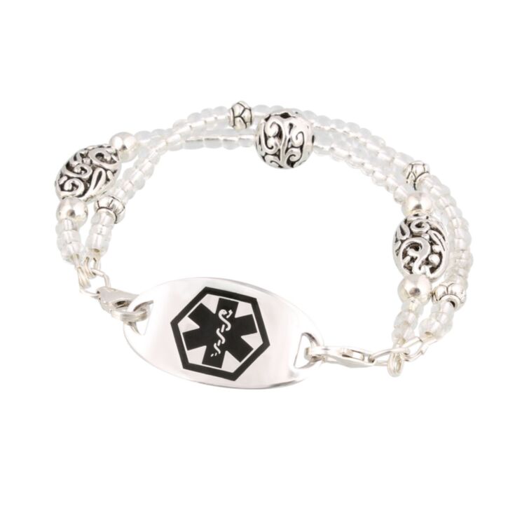 white scalloped beading medical id bracelet with antique silver finish, handmade, exclusive design, sterling silver or stainless steel medical id
