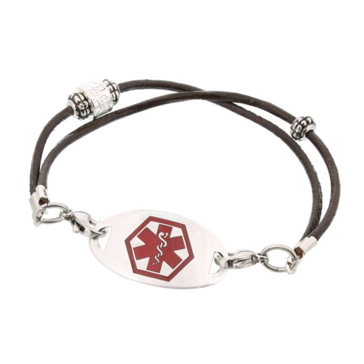 contemporary, western style medical id bracelet with antique style beading, brown leather bracelet for women
