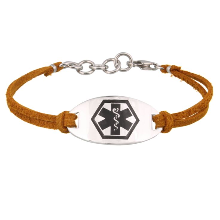 cinnamon suede medical id bracelet with sterling silver id plate, 7" and 8" sizes, for women, teens, adult