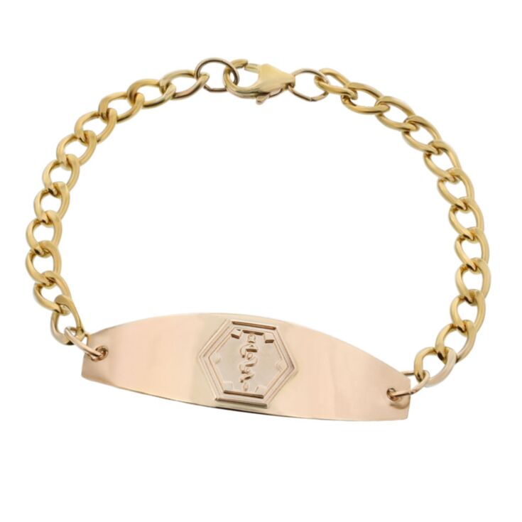 premier gold medical id bracelet for men and women, medical id plate, medical emblem