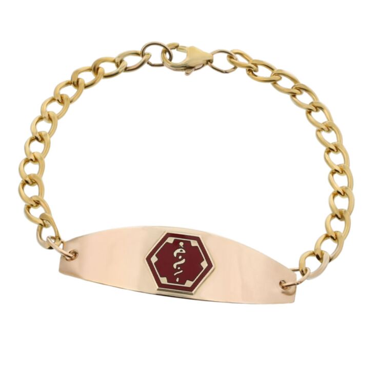 women's or men’s gold chain medical id bracelet with gold plate and red medical emblem design