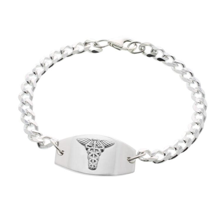 petite medical id bracelet in sterling silver, slightly curved medical id plate for comfortable fit, curb chain with claw clasp