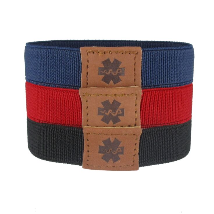 navy blue, red, and black, elastic nylon sportband medical id bracelet, 3 band pack, for teens, adults, fits all gender 