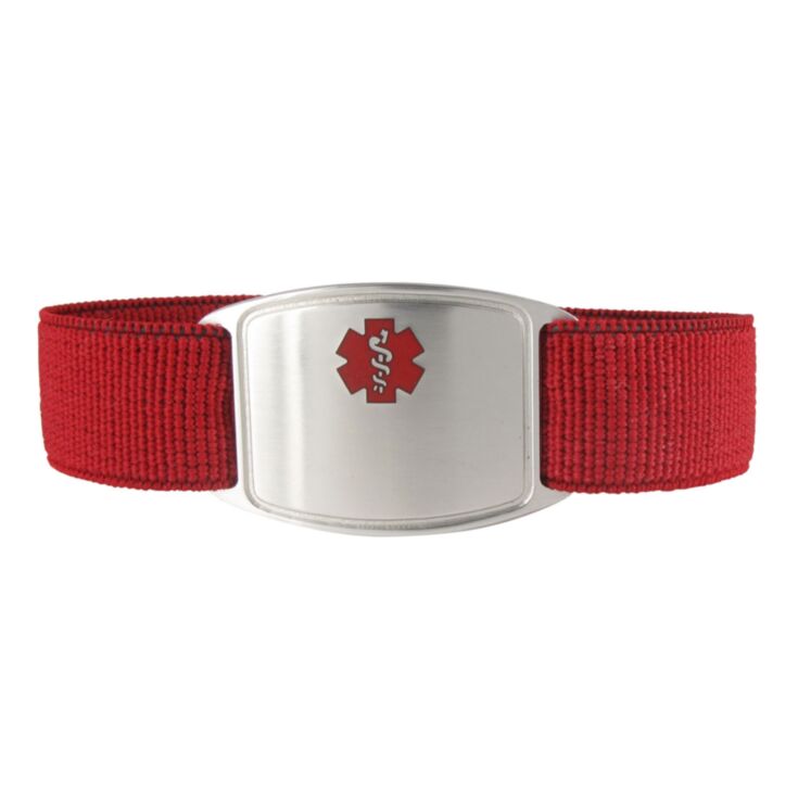 red sports style nylon medical id band, elastic band is comfortable and durable, sterling silver medical id plate with red medical emblem design