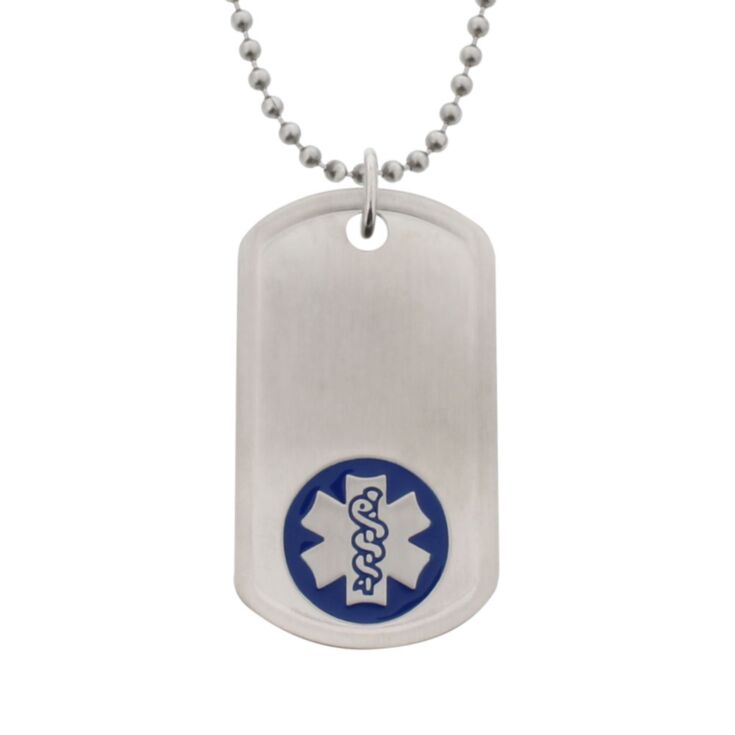 Stainless steel dog tag medical id necklace with blue emblem, bead style neck chain, brushed metal finish