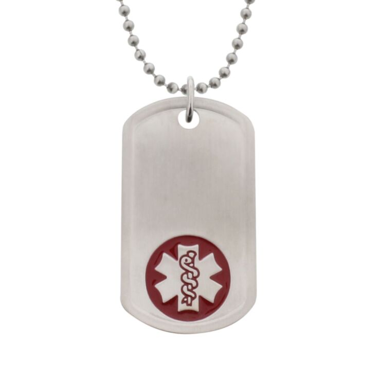 Unisex stainless steel dog tag medical ID necklace with bead style chain, brushed metal finish, id tag and red medical emblem design