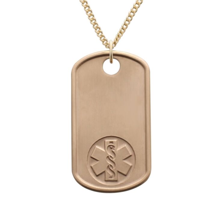 elegant gold dog tag military style medical id necklace with blue medical emblem design