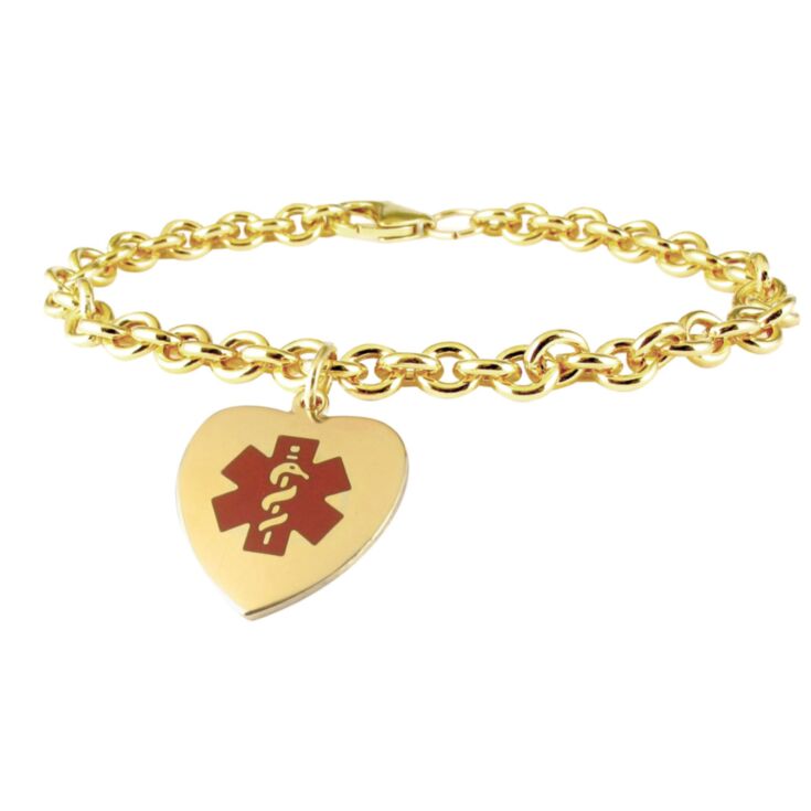 feminine gold chain medical id bracelet with heart-shaped charm in red design