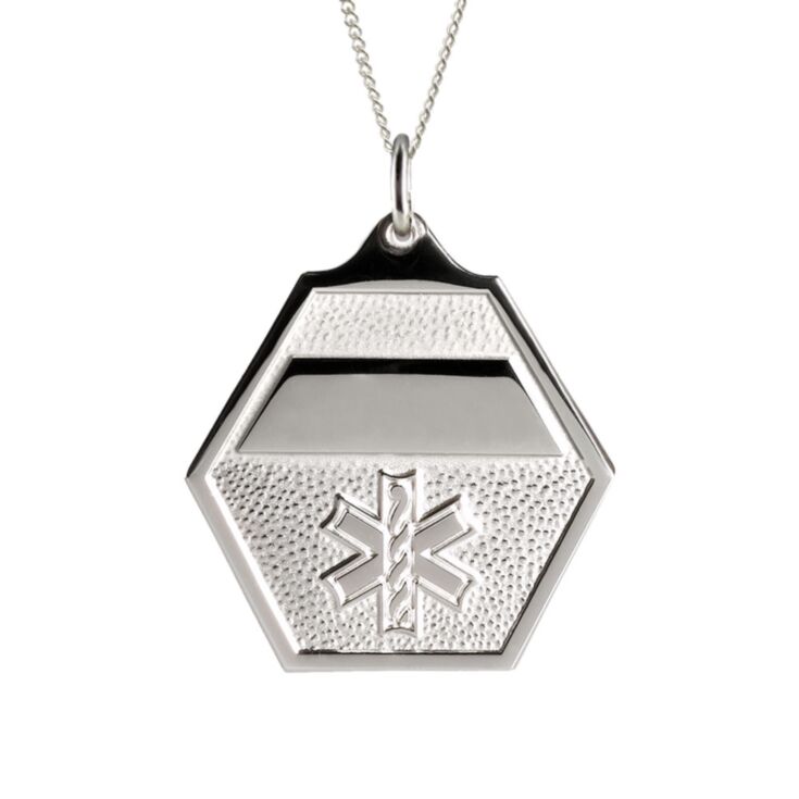 sterling silver, box chain, medical id necklace for men, women, classic design, hexagon pendant with embossed medical emblem