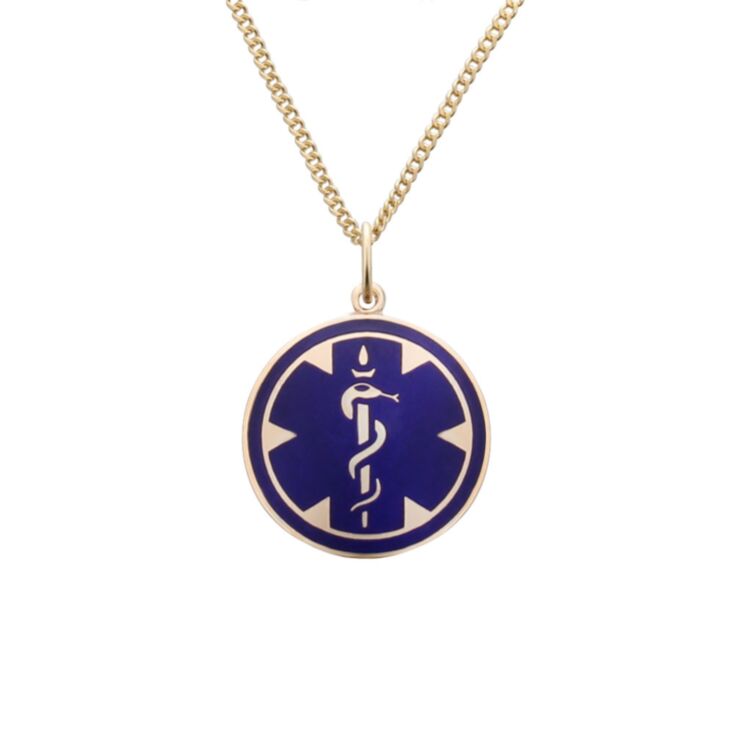 medallion style medical id necklace, classic gold chain with blue embossed medical emblem