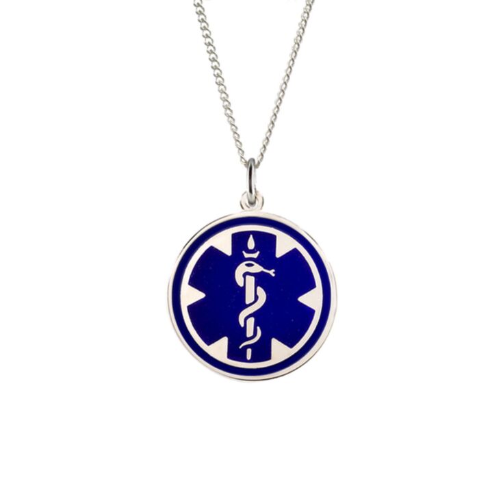 sterling silver medical id necklace for men and women with blue enamel, round medical emblem medallion