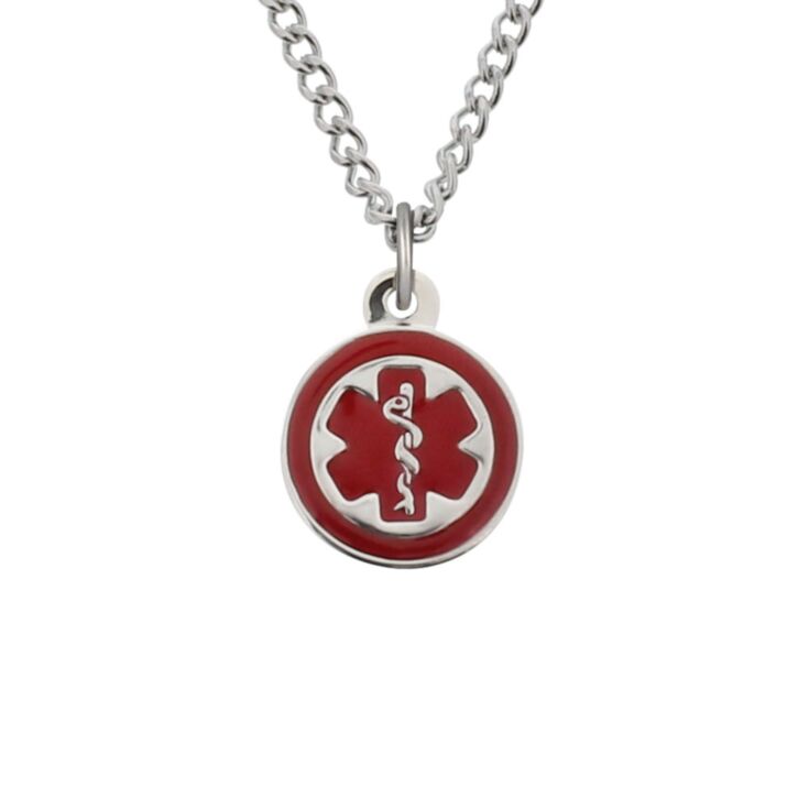 Mini pendant charm necklace with stainless steel standard curb chain and claw clasp, round medical emblem charm in highly visible red color