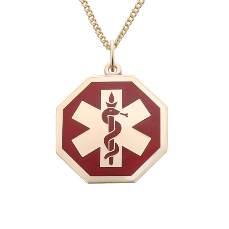 Unisex gold medical id necklace, gold octagon pendant with red medical emblem