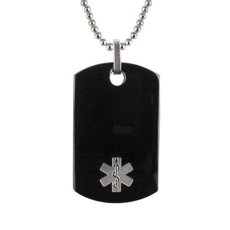 men's medical id necklace with stainless steel bead chain and polished onyx dog tag pendant