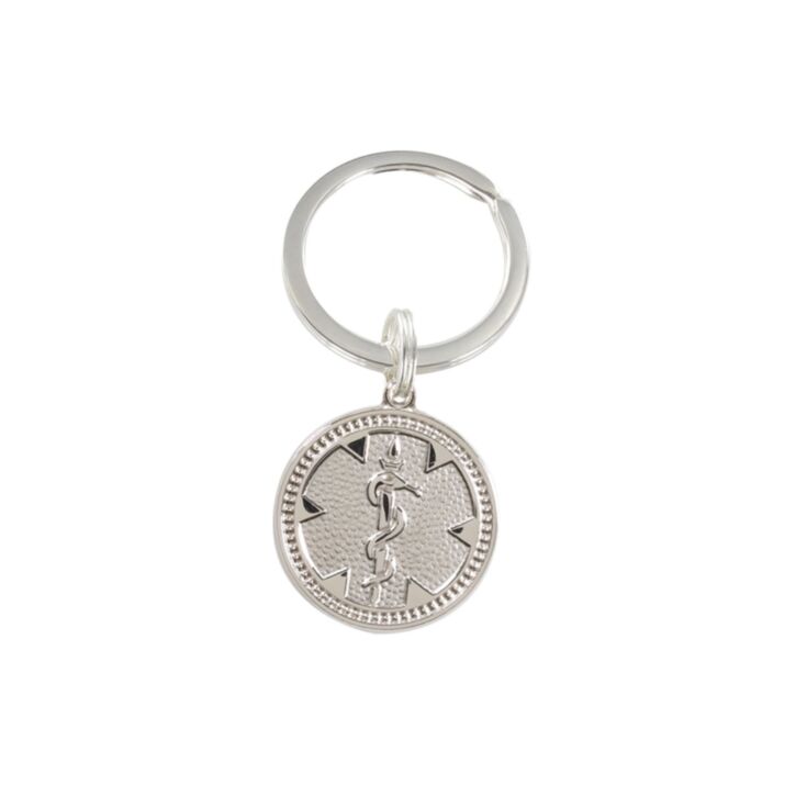 silver medallion medical id keychain, 3/4" diameter sterling silver round medallion with split key ring, unisex design with embossed medical emblem