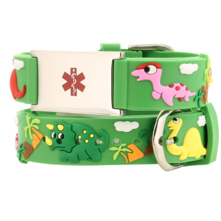 kids dinosaur silicone medical id band, green color with cute dinosaur characters and stainless steel plate