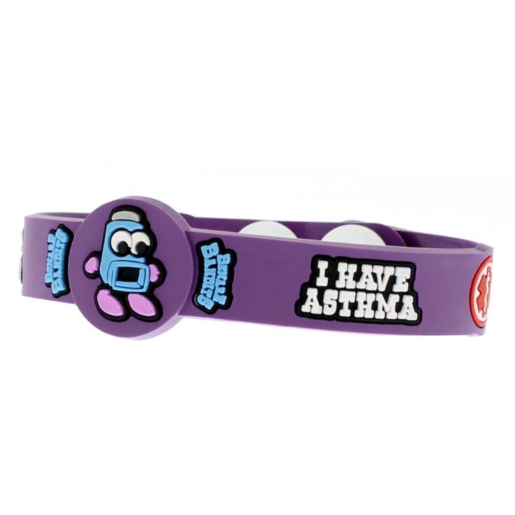 purple medical id for kids with asthma featuring fun character design on silicone band