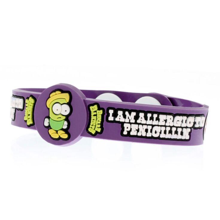 i am allergic to penicillin medical id bracelet for kids with fun character, dr. penny on purple silicone band