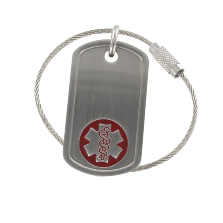 medical id keychain, military style stainless steel dog tag with cable chain, brushed finish, unisex design