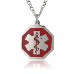 curb chain medical id necklace with hexagon medical emblem pendant in red, stainless steel design