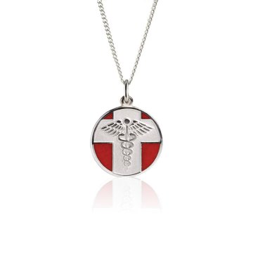 vintage medical id necklace with round pendant on sterling silver rope chain, embossed medical emblem design with red enamel backdrop on pendant, highly visible &amp; recognizable