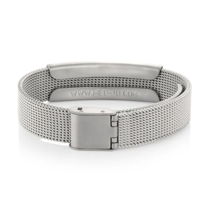 American Medical ID Sleek Mesh Medical Alert ID Bracelet Surgical Stainless Steel Adjustable ID Band Sizing Clasp 4 Lines Personalized