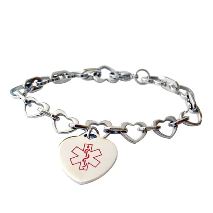 Medical ID - Sterling Silver Heart Charm Bracelet