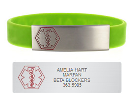 green silicone band marfan medical alert bracelet with sample engraving for marfan syndrome